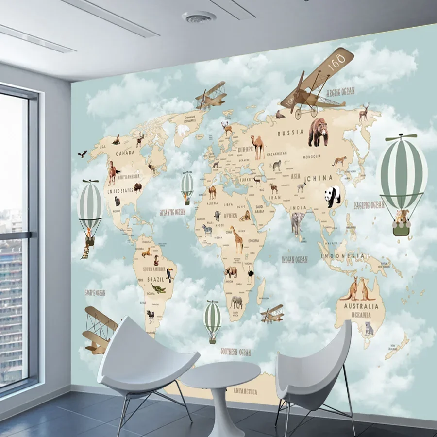 Baby Nursery Peel And Stick Wallpaper - วอลเปเปอร์ติดผนัง ตกแต่งบ้าน ลายการ์ตูน แผนที่โลก บอลลูน สำหรับห้องนั่งเล่น