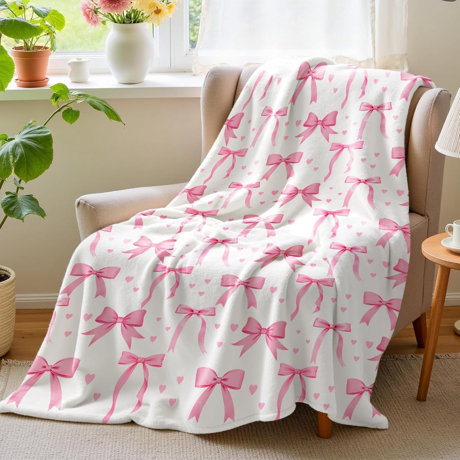 Baby Nursery Decor Girl - ผ้าห่มโบว์สีชมพู VIKAMA นุ่มสบาย ซักด้วยเครื่องได้ เหมาะสำหรับเตียงโซฟา แคมป์ปิ้ง