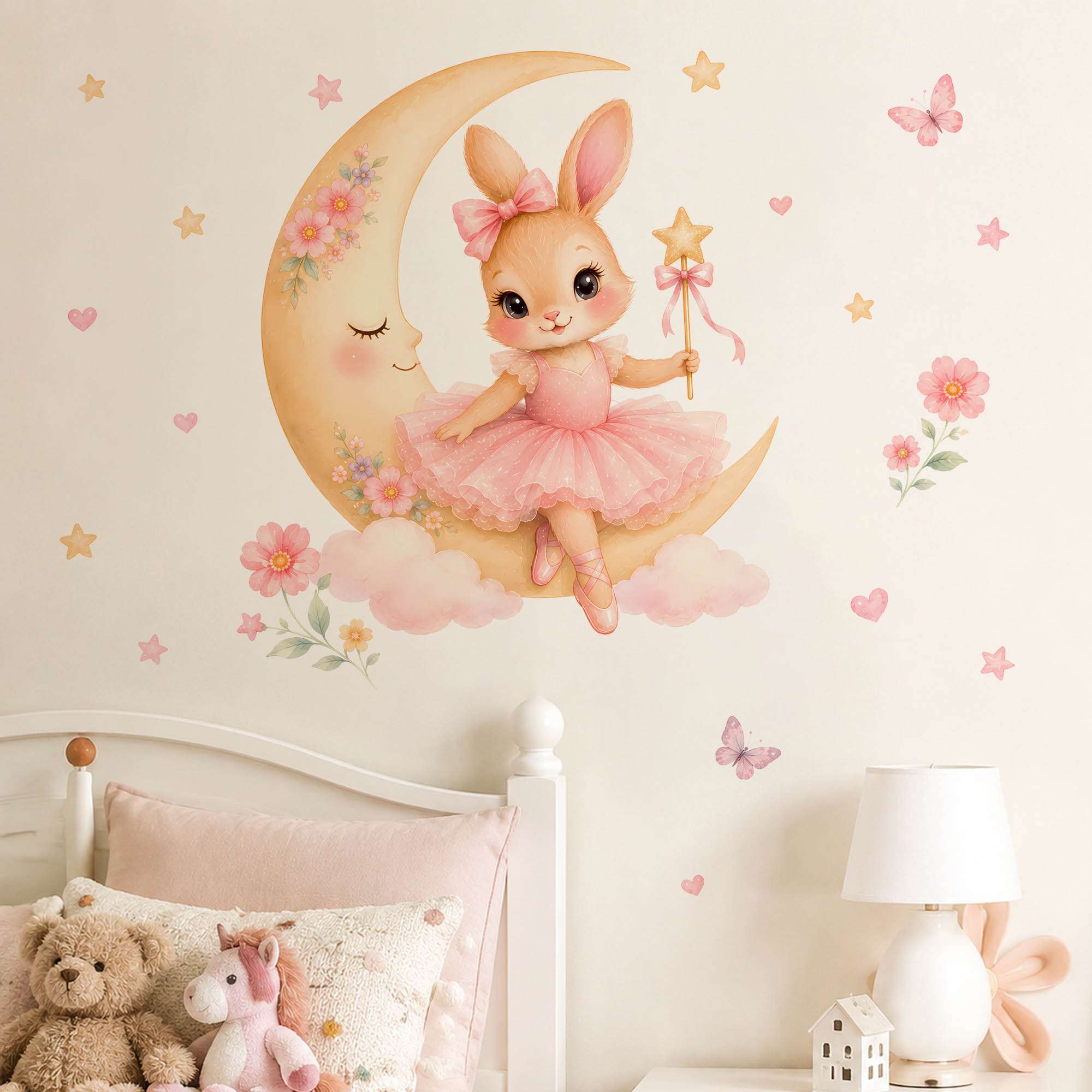 Baby Nursery Decor Girl - สติ๊กเกอร์ติดผนังลายกระต่ายนักบัลเล่ต์สีน้ำ พร้อมกระโปรงบัลเล่ต์สีชมพู ดาว และไม้กายสิทธิ์ สำหรับตกแต่งห้องเด็กผู้หญิง ห้องนอน