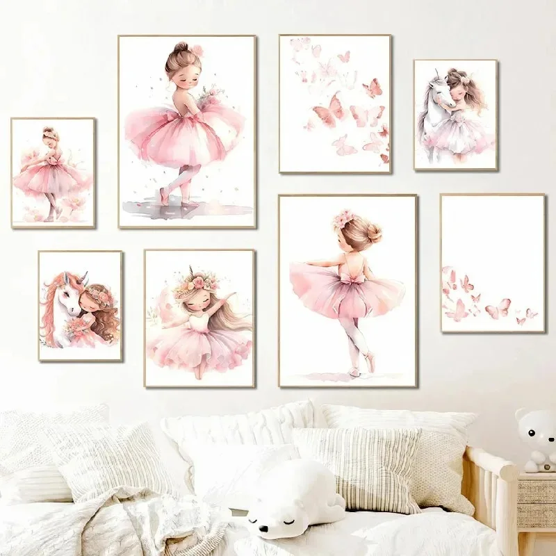 Baby Nursery Frames - สีชมพูบัลเลริน่า เกิร์ล ยูนิคอร์น ผีเสื้อโปสเตอร์ห้องเด็กตกแต่งโปสเตอร์ผ้าใบศิลปะบนผนังโปสเตอร์ตกแต่งห้องนอนเด็ก