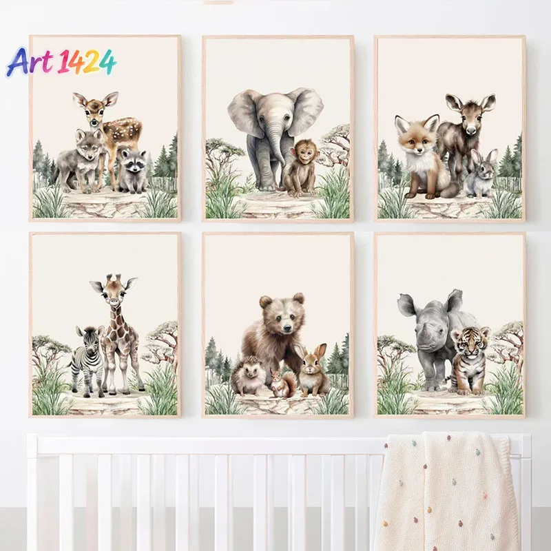 Baby Nursery Frames - 1 ชิ้น (ไม่มีกรอบ) ภาพวาดผ้าใบติดผนังสำหรับห้องเด็ก ลายสัตว์ป่า ช้าง