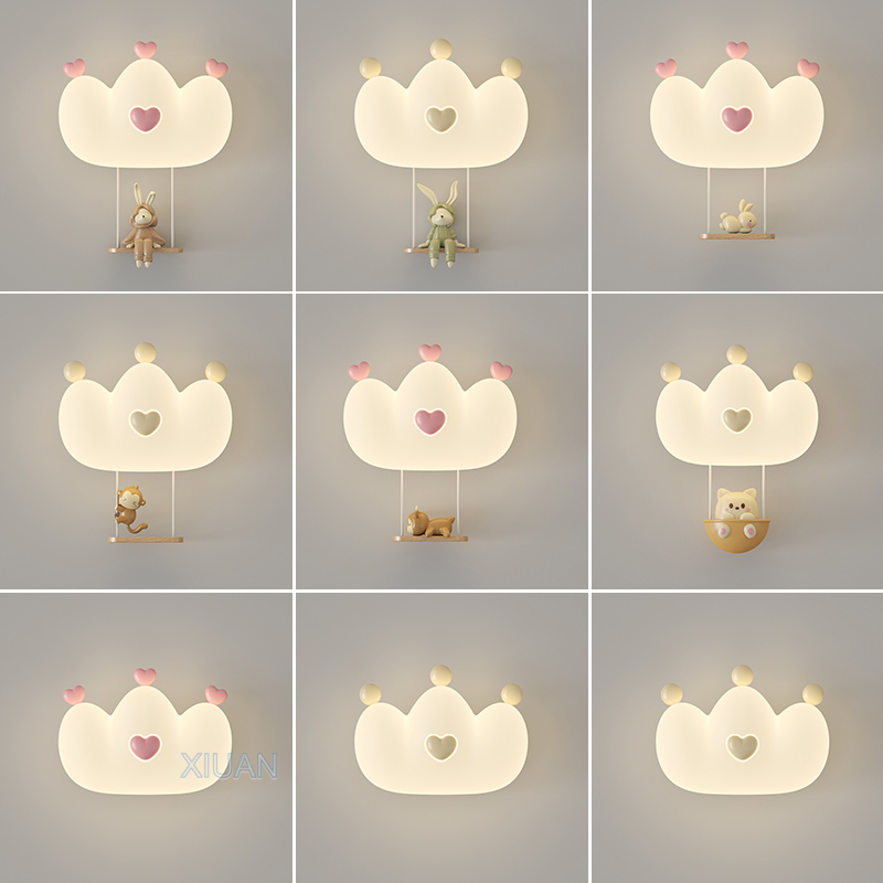 Baby Nursery Wall Lights - โคมไฟผนังรูปมงกุฎสีชมพูโรแมนติกสำหรับเด็กเล็กเด็กผู้หญิงหมีลิงกระต่ายสัตว์ไฟติดผนังสำหรับห้องนอนเด็กห้องเจ้าหญิง