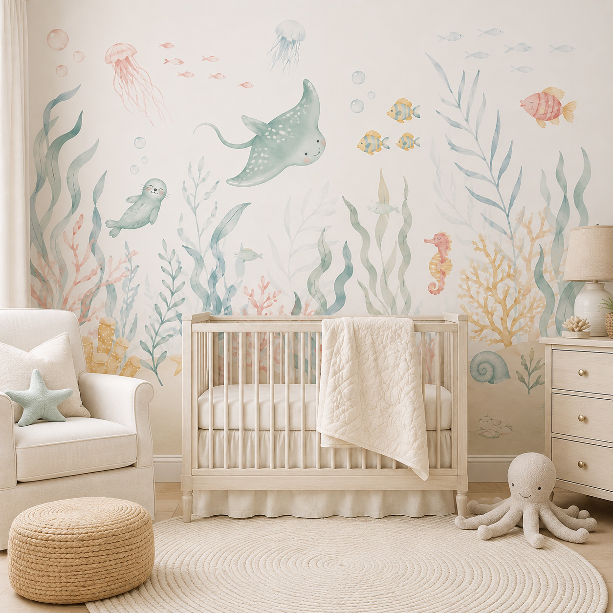 Baby Nursery Peel And Stick Wallpaper - วอลเปเปอร์ลายสัตว์ทะเลแบบมีกาวในตัว ลายสีพาสเทล ตกแต่งผนังห้องเด็ก ห้องนอนเด็ก ห้องเด็กอ่อน ลอกแล้วติดได้