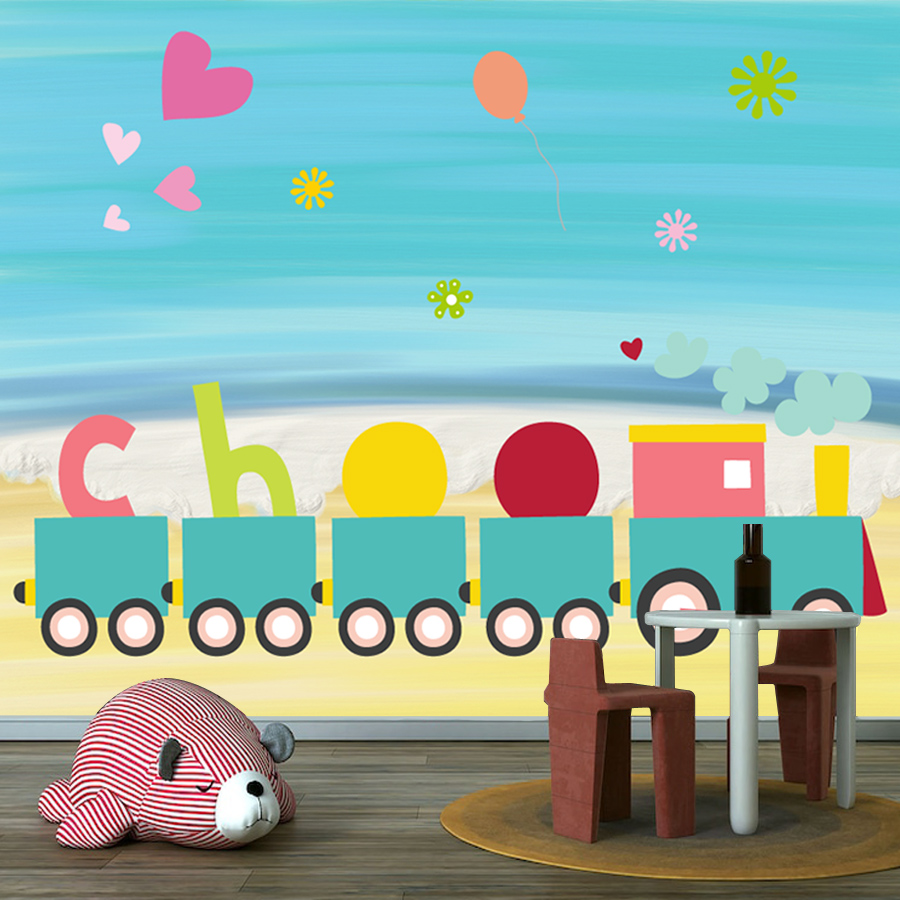 Baby Nursery Peel And Stick Wallpaper - วอลเปเปอร์ติดผนังแบบลอกและติดเอง ใช้งานง่าย สำหรับตกแต่งห้องนั่งเล่น ห้องนอนเด็ก ห้องเด็กอ่อน ลายรถไฟ