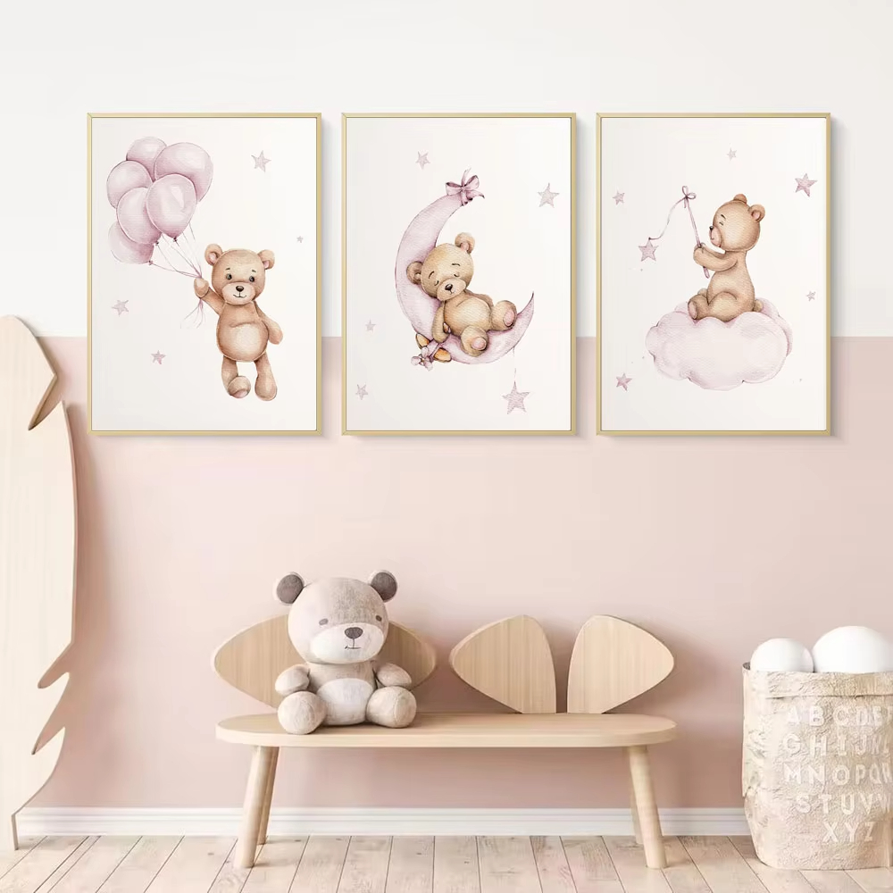 Baby Nursery Decor Girl - ภาพตกแต่งผนังห้องเด็ก ลายหมีเท็ดดี้ ภาพพิมพ์บนผ้าแคนวาส ตกแต่งผนังห้องเด็ก ลายพระจันทร์ ดวงดาว