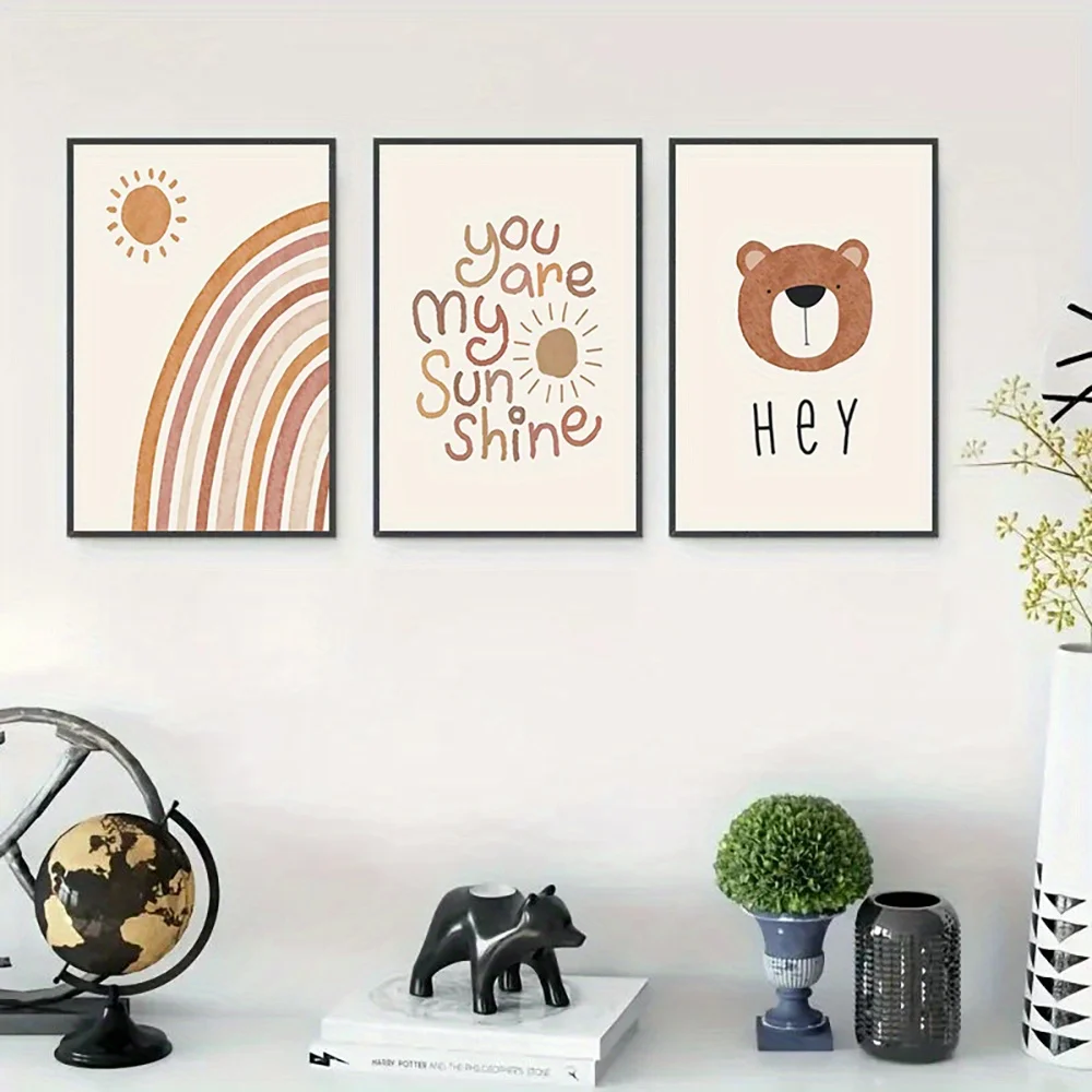 Baby Nursery Frames - (ไม่มีกรอบ) ชุดภาพวาดบนผ้าใบ 3 ชิ้น, ภาพตกแต่งผนังลายพระอาทิตย์และหมีแบบนามธรรม, โปสเตอร์สำหรับห้องเด็กสไตล์โบโฮ,