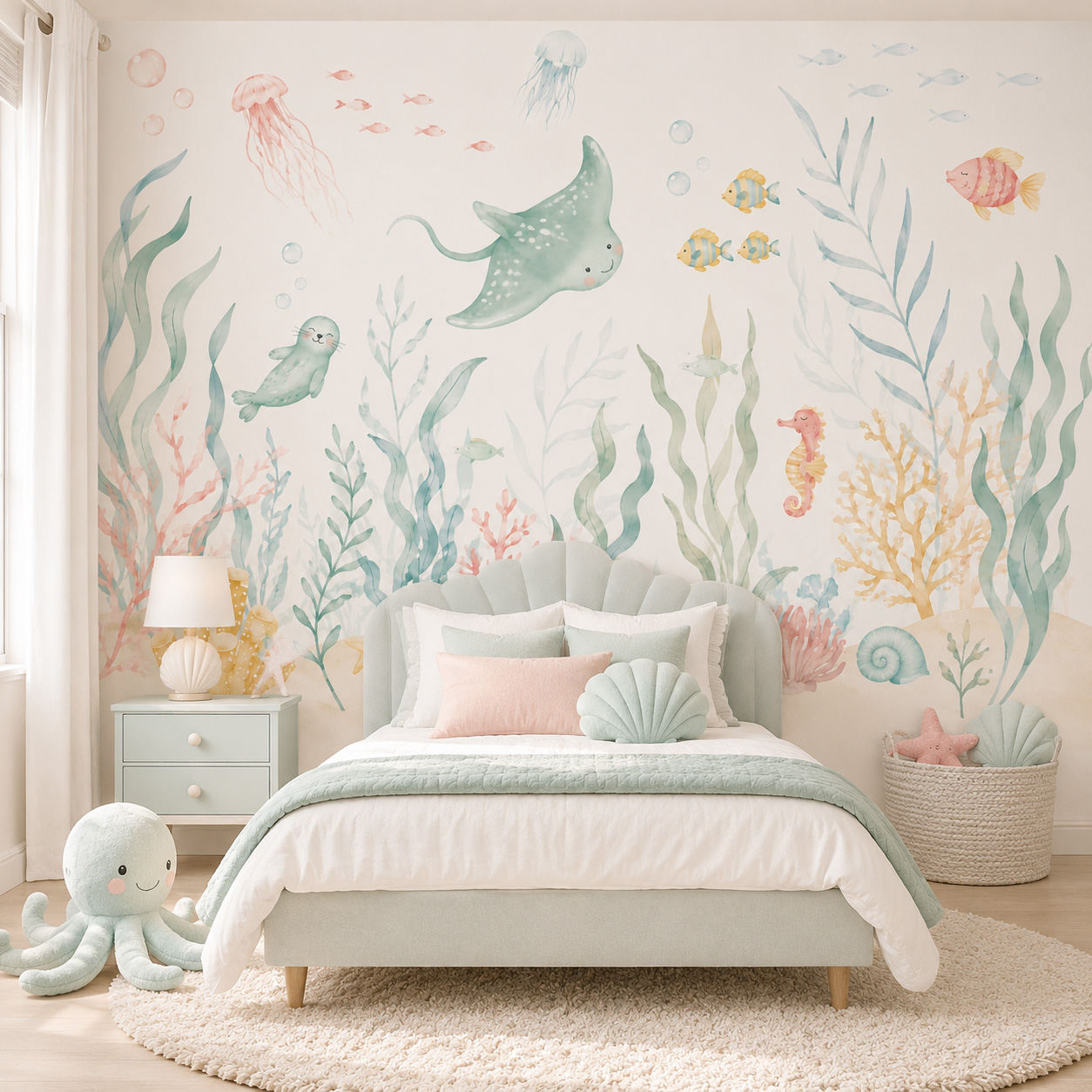 วอลเปเปอร์ลายสัตว์ทะเลแบบมีกาว - Baby Nursery Peel And Stick Wallpaper บทวิจารณ์และราคา